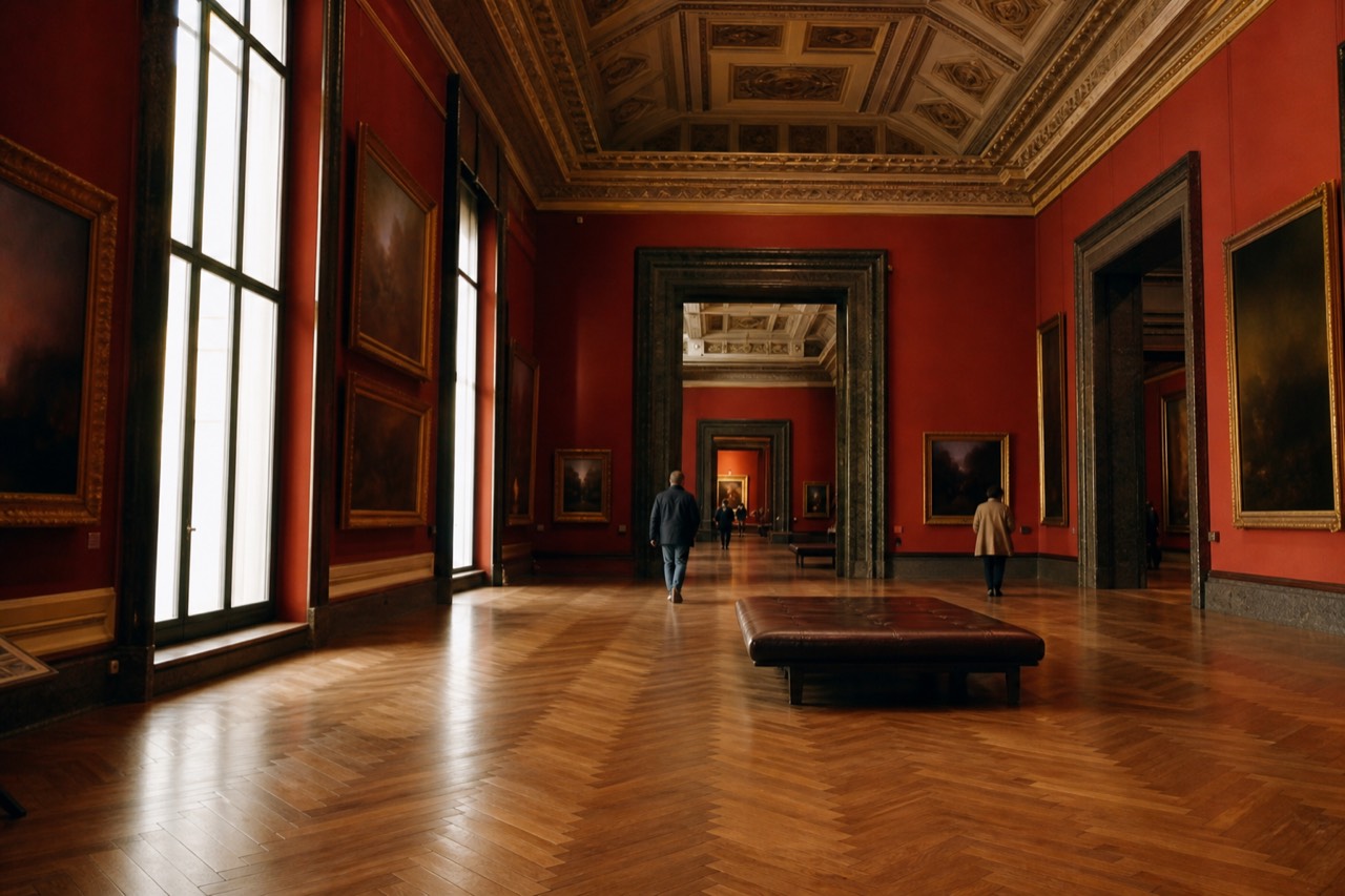 Glass case holding gold jewellery and metalwork lit against a dark gallery wall