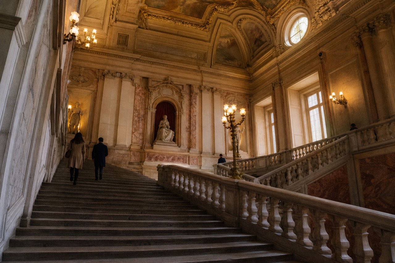A grand staircase with marble balustrades rising under a painted ceiling in a state palace
