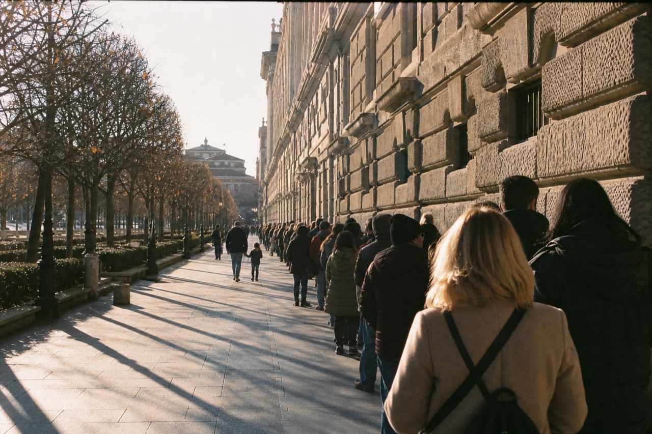 Late evening sun across a wide palace courtyard with a short queue forming at a side entrance