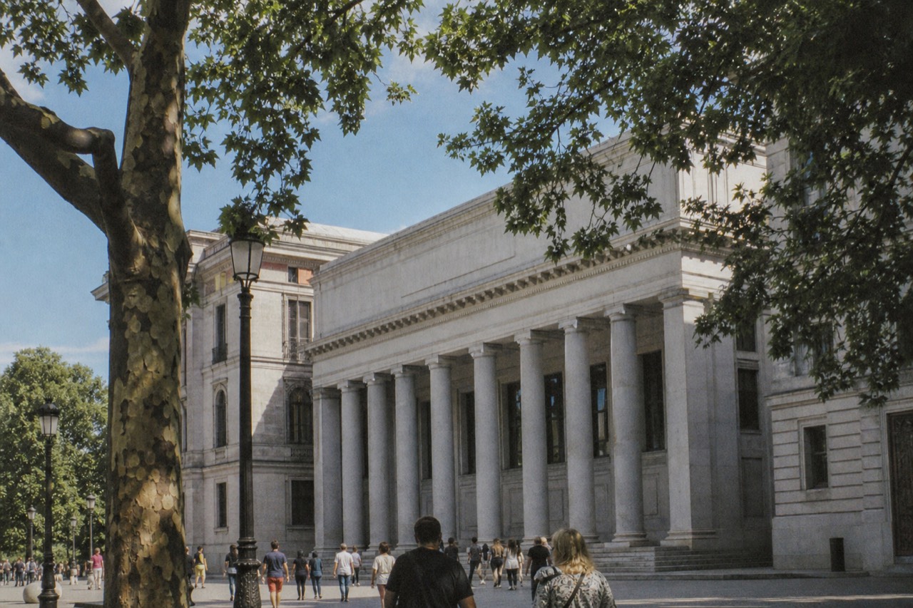 Tree-lined boulevard in central Madrid with a fountain and museum buildings along one side