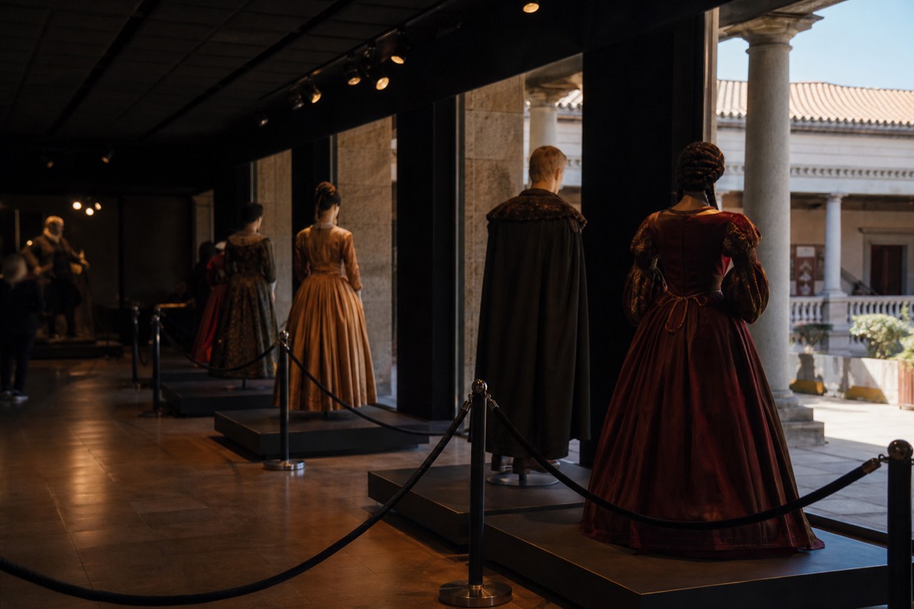 Embroidered historic dress displayed in a glass case under focused low lighting