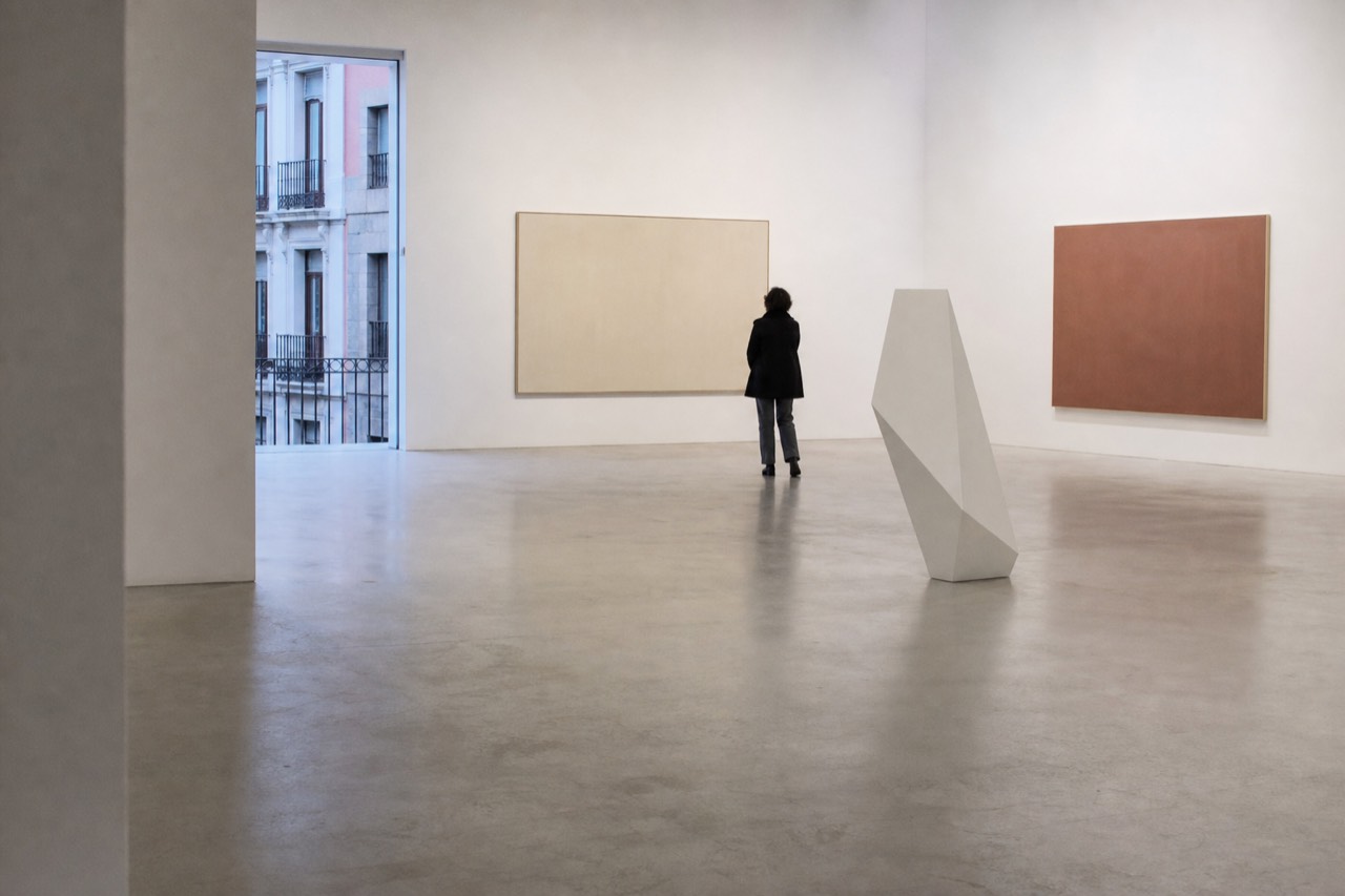 Street entrance of a contemporary immersive experience venue on a narrow Madrid side street