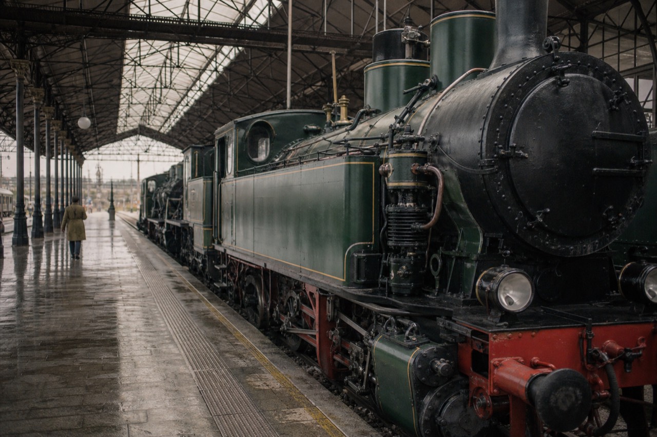 Row of vintage passenger carriages parked on tracks inside a former railway terminus